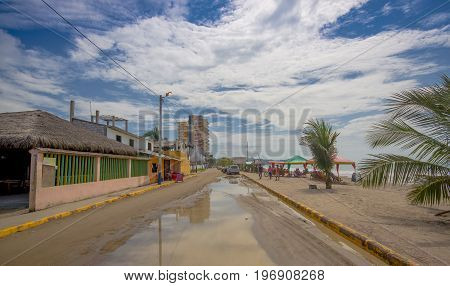 ATACAMES, ECUADOR - March 16, 2016: Steet view of beach town located on Ecuador's Northern Pacific coast in Same, Ecuador.
