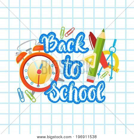 Back To School Logo Text On Notebook Background With Studing Supplies Flat Vector Illustration