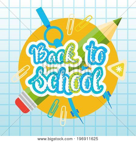 Back To School Logo Text On Notebook Background With Studing Supplies Flat Vector Illustration