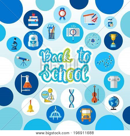 Back To School Logo Text On Background With Studing Supplies Flat Vector Illustration