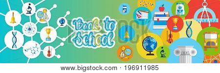Back To School Greeting Colorful Banner With Studing Supplies Flat Vector Illustration