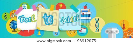 Back To School Greeting Colorful Banner With Studing Supplies Flat Vector Illustration