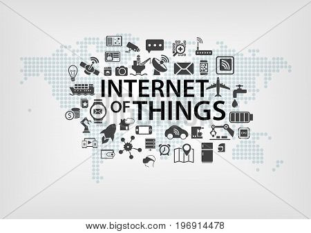 Internet of things (IOT) concept with world map and connected devices as vector illustration with various icons of objects