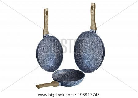 Pans with beige handles art grafit non-stick coating on white background isolation