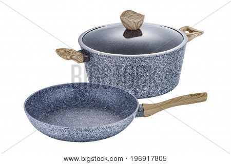 Pot and pan with beige art grafit non-stick coating on white background isolation