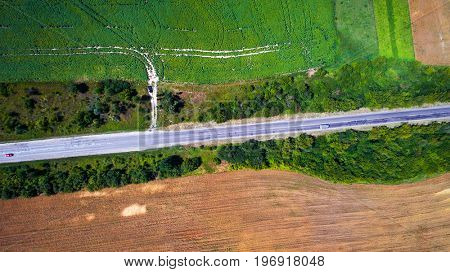 Landscape road and field view from above
