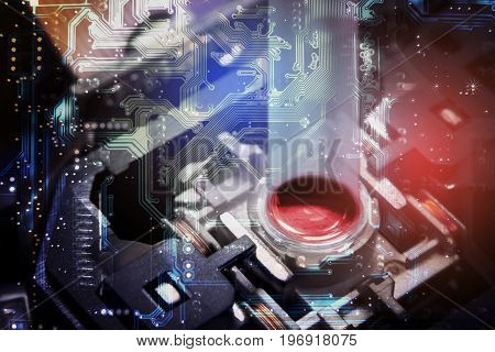 Close up macro Laser Head reader of cd player system equipment installed on electronics circuit board Double Exposure Circuit board pattern illustration design Electronics equipment concept.