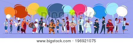 People Group With Chat Bubbles Different Occupation Set, Employees Mix Race Workers Banner Flat Vector Illustration