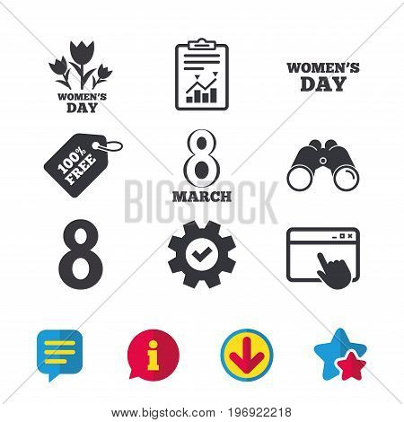 8 March Women's Day icons. Tulips or rose flowers bouquet sign symbols. Browser window, Report and Service signs. Binoculars, Information and Download icons. Stars and Chat. Vector