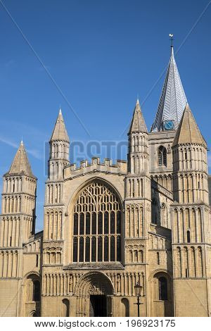 The magnificent facade of the historic Rochester Cathedral in Kent UK.