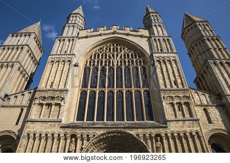 The magnificent facade of Rochester Cathedral in the historic catehdral city of Rochester in Kent UK.