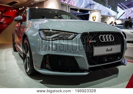 BERLIN - MAY 02 2015: Showroom. Hot hatch Audi RS3 (8VA). Produced since 2015.