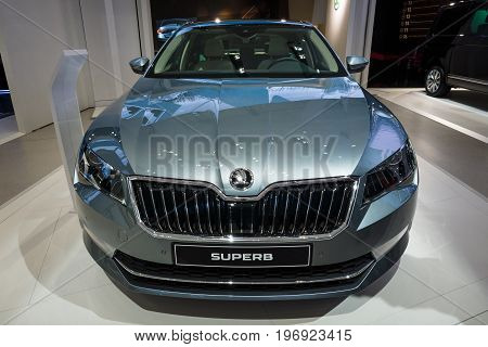 BERLIN - MAY 02 2015: Showroom. Large family car Skoda Superb (Third generation). Produced since 2015.