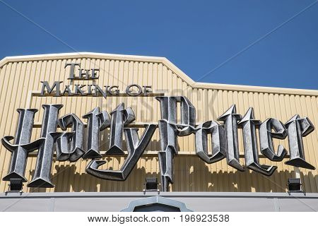 LEAVESDEN UK - JUNE 19TH 2017: The sign above the main entrance to the Making of Harry Potter tour at Warner Bros studio in Leavesden UK on 19th June 2017.