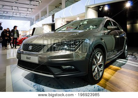 BERLIN - MAY 02 2015: Showroom. Crossover SEAT Leon X-PERIENCE. Produced since 2014.