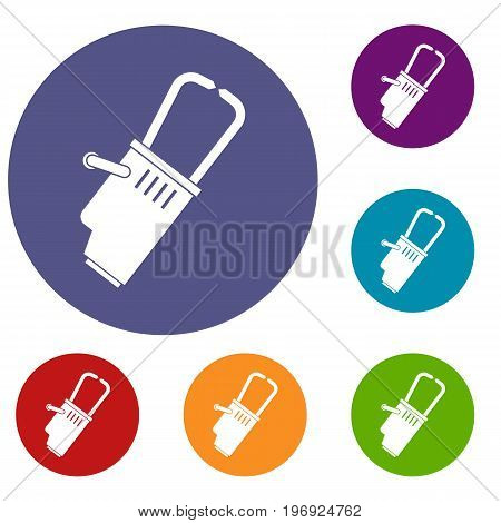 Welding equipment icons set in flat circle red, blue and green color for web