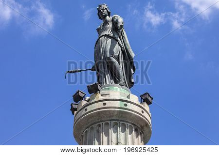 The magnificent Column of the Goddess situated in Grand Place - the central square in the historic city of Lille in France.