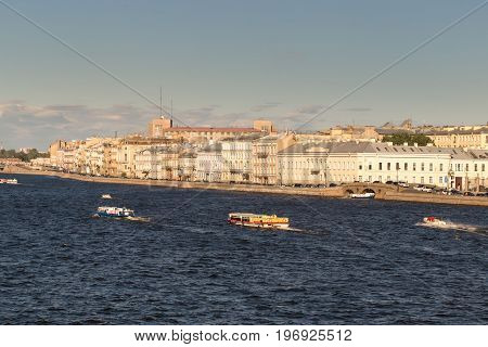 St. Petersburg, Russia - June 28, 2017: Panoramic View Of The Neva River Embankment In St. Petersbur