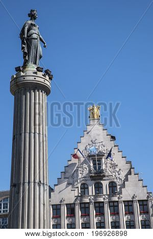 A view of the Column of the Goddess and the La Voix du Nord headquarters situated in Grand Place in the historic city of Lille France.