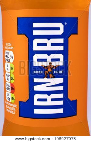 LONDON UK - JULY 7TH 2017: A close-up shot of the Irn-Bru label on a bottle on 7th July 2017.