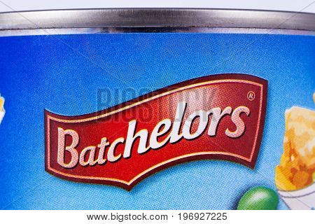 LONDON UK - JULY 7TH 2017: A close-up of the Batchelors logo on one of their tinned food products on 7th July 2017.
