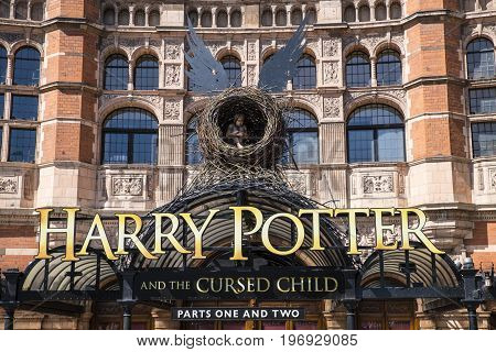 LONDON UK - JUNE 14TH 2017: A view of the front entrance to the Palace Theatre promoting its play Harry Potter and the Cursed Child in London on 14th June 2017.