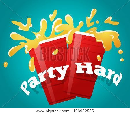 Two red party cups with a splashing beer cheers vector illustration