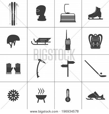 Set of icons for ski and winter sports. Design for tourist catalog maps of the ski slopes placard brochure flyer booklet. Vector illustration.