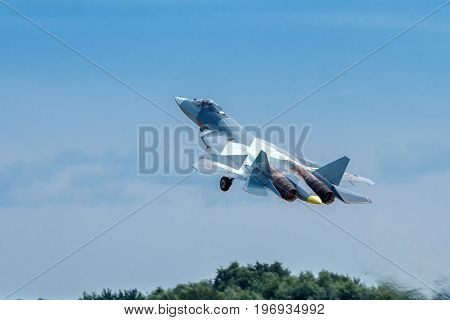 Moscow Region - July 21, 2017: New Russian fifth-generation fighter T-50 (Sukhoi PAK FA) takes off at the International Aviation and Space Salon (MAKS) in Zhukovsky.