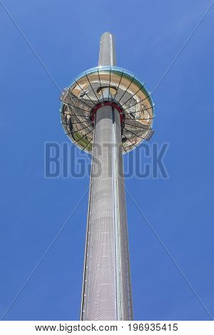 BRIGHTON UK - MAY 31ST 2017: The impressive British Airways i360 observation tower located on Brighton seafront in Sussex UK on 31st May 2017.