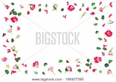 Flowers composition. Frame border made of fresh roses and dried flowers. Flat lay, top view