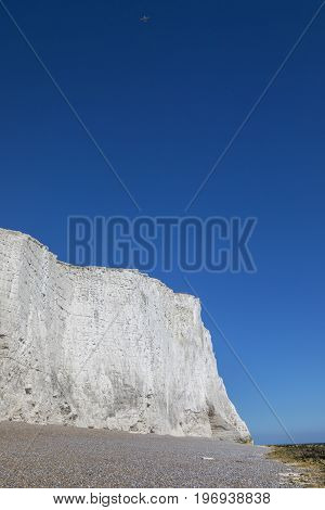 The beautiful chalk cliffs along the coastline in East Sussex in the UK.