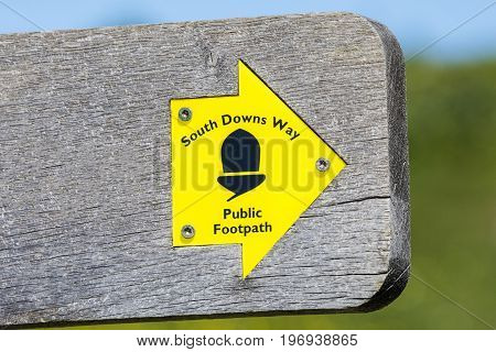 A signpost for the South Downs Way Public Footpath in East Sussex UK.