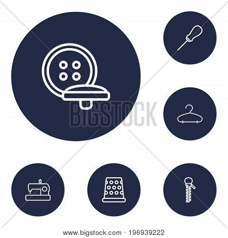 Collection Of Hanger, Buttons, Tremble And Other Elements.  Set Of 6 Tailor Outline Icons Set.