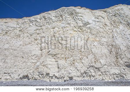 The beautiful chalk cliffs along the coastline in East Sussex in the UK.