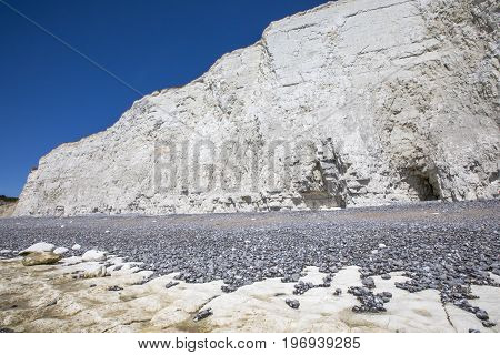 The beautiful chalk cliffs along the coastline in East Sussex in the UK.