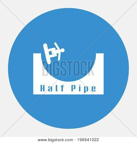 Flat icon with halfpipe and snowboarder. Design for tourist catalog maps of the ski slopes web placard brochure flyer booklet. Vector illustration.