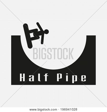 Flat icon with halfpipe and snowboarder. Design for tourist catalog maps of the ski slopes web placard brochure flyer booklet. Vector illustration.