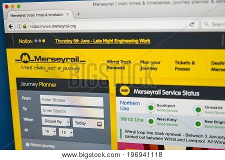 LONDON UK - JUNE 8TH 2017: The homepage of the official website for Merseyrail on 8th June 2017.