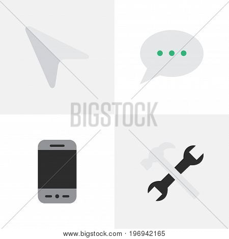 Elements Message Bubble, Mobile Phone, Tools And Other Synonyms Phone, Smartphone And Bubble.  Vector Illustration Set Of Simple Menu Icons.