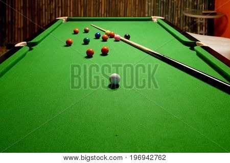 Snooker Balls And Cue On Snooker Table