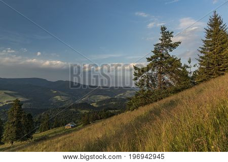 Evening Near Slachovky Hill Over Sheep Chalet In National Park Pieniny