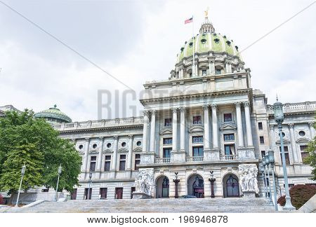 Harrisburg, Usa - May 24, 2017: Pennsylvania Capitol Exterior In City With Steps