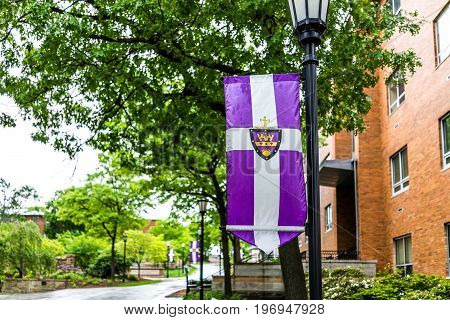 Scranton, Usa - May 25, 2017: University Of Scranton Purple Flag And Building