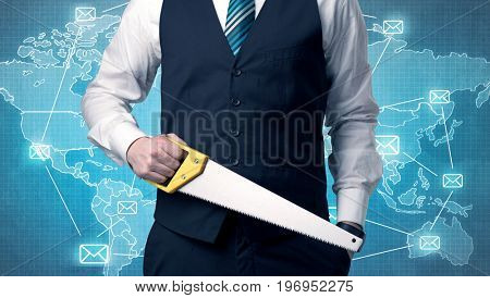 Businessman holding tool with global map graphic on the background