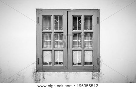 Black and white windows frame on grunge or dust background. Classic windows frame. Monochrome windows frame for design. Windows frame cinematic background