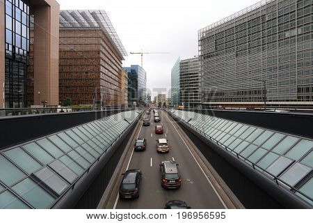Brussels, Belgium - July 17, 2017: Traffic on central street of Brussels. Loi street in Brussels in the morning.