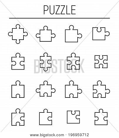 Set of puzzle in modern thin line style. High quality black outline jigsaw symbols for web site design and mobile apps. Simple linear puzzle pictograms on a white background.