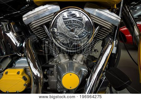 BERLIN - MAY 10 2015: The Harley-Davidson Twin Cam engine close-up. 28th Berlin-Brandenburg Oldtimer Day