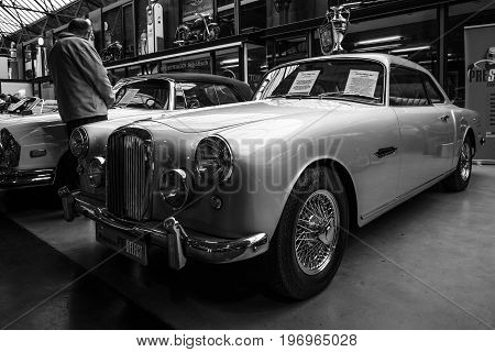 BERLIN - MAY 10 2015: British sports saloon Alvis TD 21 Mk I 1960. Black and white. 28th Berlin-Brandenburg Oldtimer Day